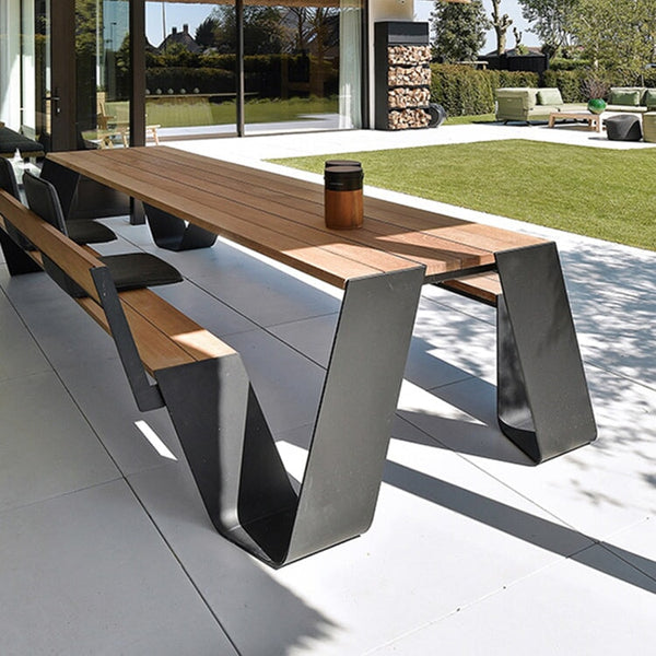 ガーデンテーブル・ベンチセット　屋外家具　ガーデン家具　焼付塗装　天然木使用　チーク材　アルミ合金フレーム　ブラック　カスタマイズ可能　 HWZY-M012
