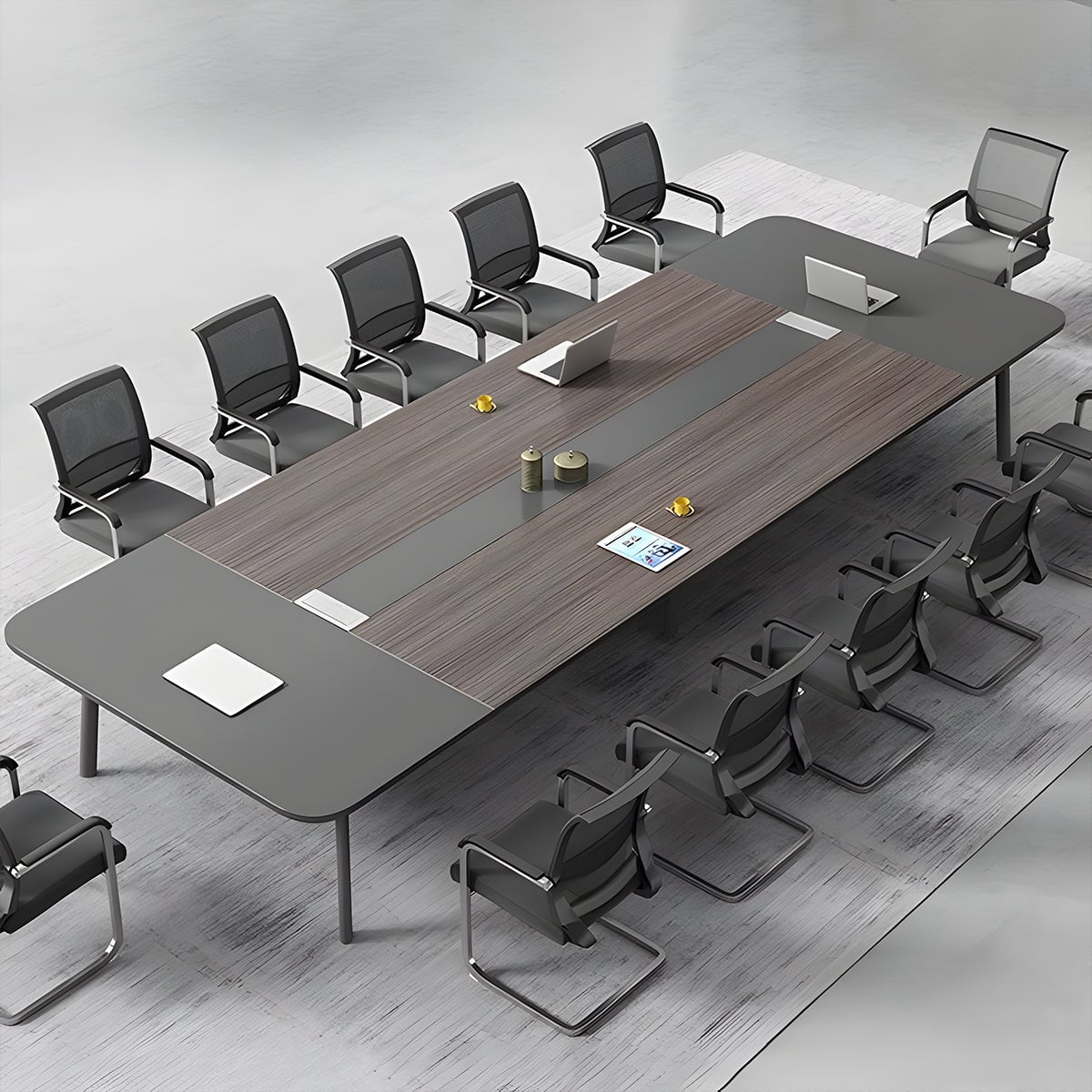 会議用テーブル　オフィスデスク　長方形テーブル　木目調　コンセント穴付き　配線ボックス付き　ブラック　カスタマイズ可能　metamall