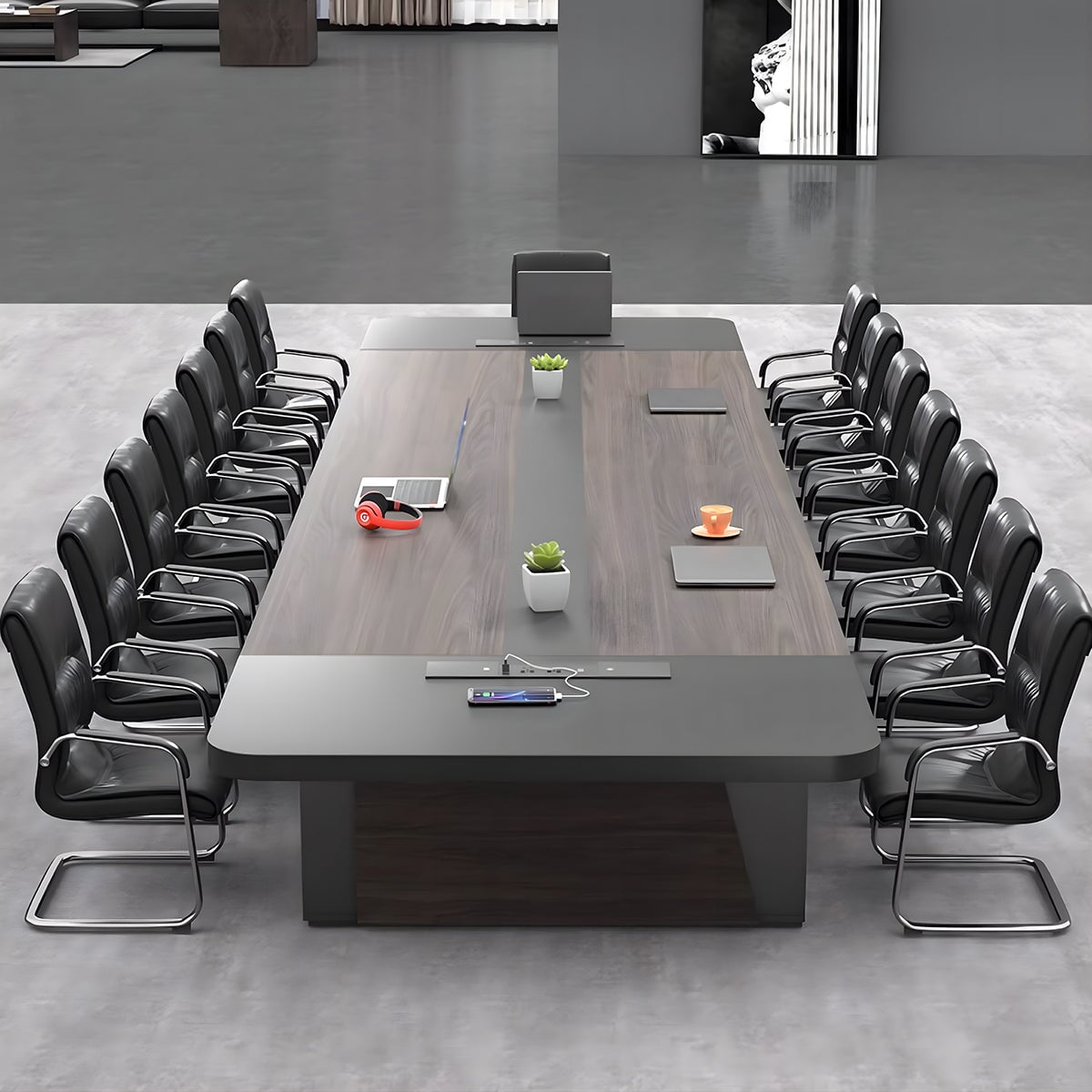 会議テーブル　ミーティングテーブル　収納スペース　オープン収納　多目的卓上コンセント　中間脚付き　バイカラーデザイン 　グレー　カスタマイズ可能　metamall