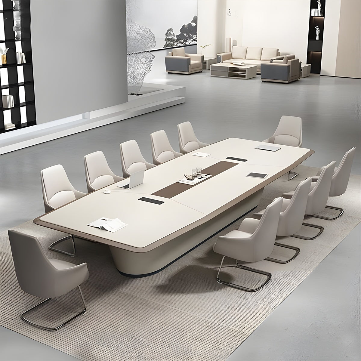会議テーブル　ミーテイングテーブル　メラミン化粧板　厚手の天板　多目的卓上コンセント　配線孔　ベージュ　カスタマイズ可能　metamall
