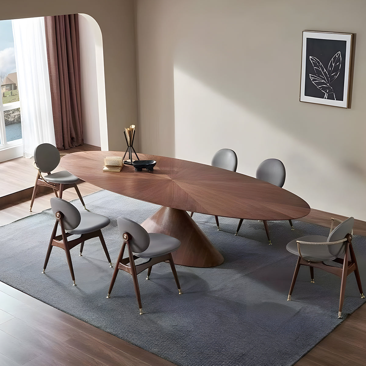 テーブル　ダイニングテーブル　会議テーブル　ミーティングテーブル　小判形天板　重厚感　高級感　シック　ワニス塗装　舟底エッジ　ベース付き　ウォルナット　カスタマイズ可能　metamall