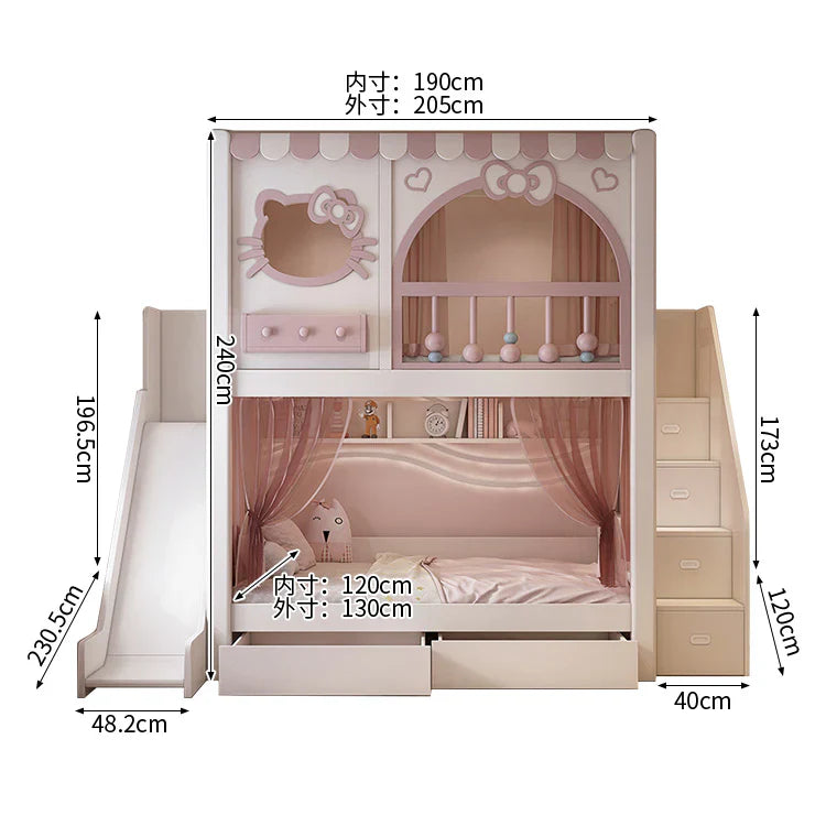 二段ベッド　キッズベッド　無垢材ベッド　安全設計二段ベッド　子供部屋用ベッド　厚手無垢材フレーム　環境配慮型水性塗料　収納棚・引き出し付き　滑り台付き　ピンク　シンプル　SCC-C104
