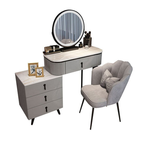 化粧台　ドレッサー　化粧デスク　鏡台　ＬＥＤライト付き鏡　ミラー　三段階調節　マーブル柄　鏡面仕上げ　引き出し　キャビネット　伸縮可能　上質　おしゃれ　グレー　HZT-K024　kaguyasu