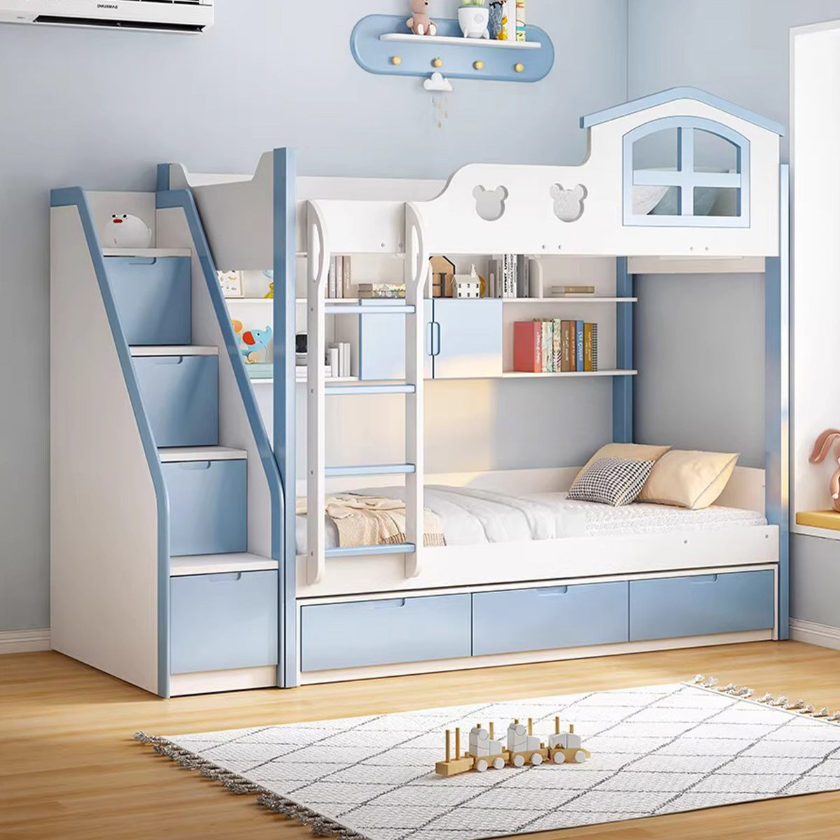 二段ベッド　子供用二段ベッド　寝具　シンプルな二段ベッド　落下防止ガード　はしご　引き出し付き　透かし彫りデザイン　メラミン化粧板　カスタマイズ可能　SCC-S055
