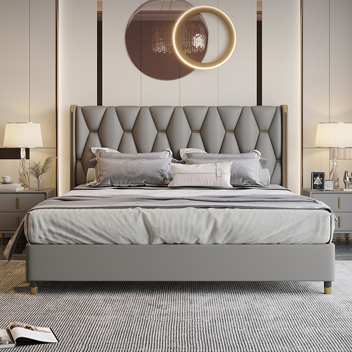 ベッド　ダブルベッド　寝具　背もたれ　本革　ベッド下収納　オシャレ　ポップ　ベージュ　カスタマイズ可能　BED-S053