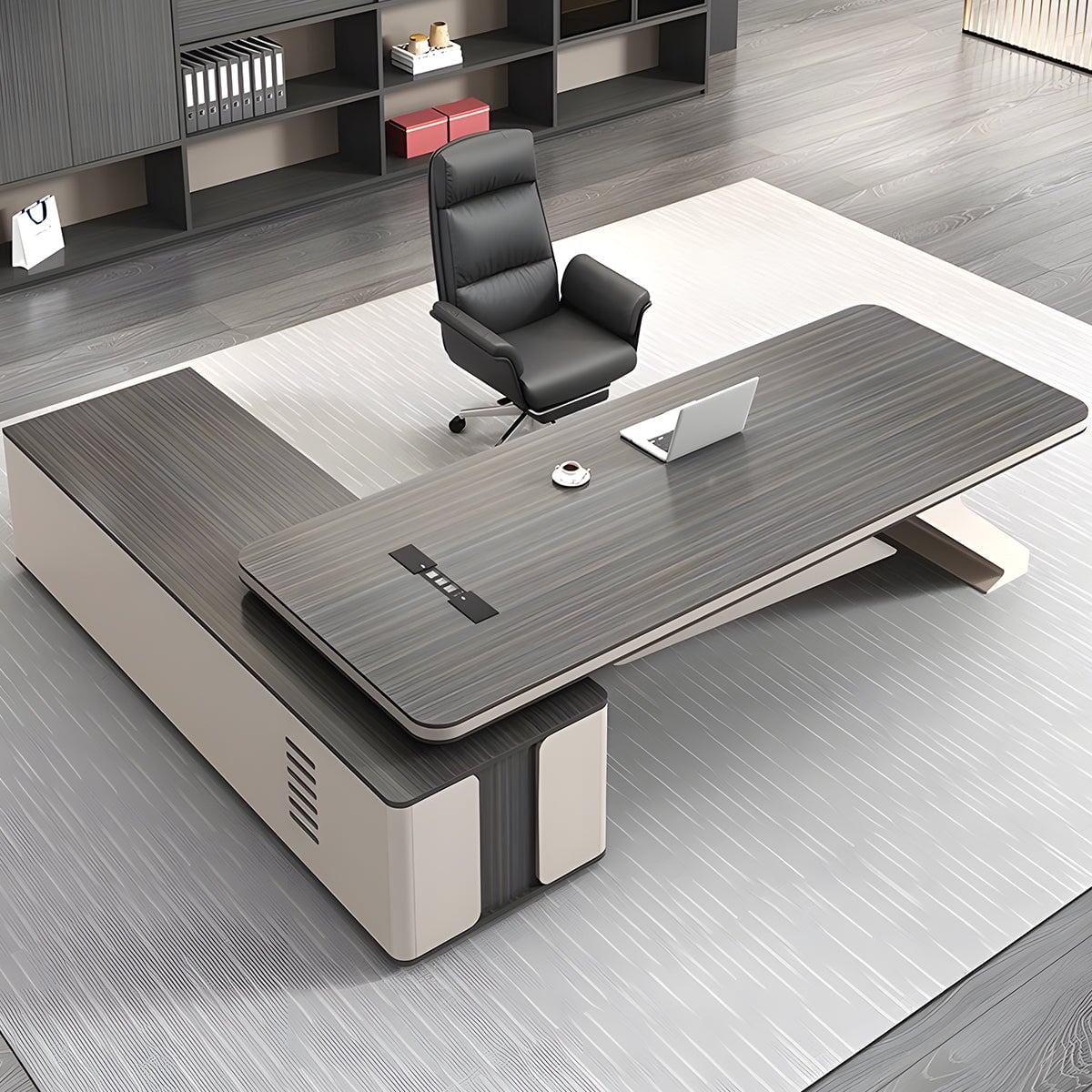 エグゼクティブデスク　役員テーブル　オフィスデスク　引き出し　配線ボックス　コンセント　ゆとり　シンプル　モダン　おしゃれ　グレー　カスタマイズ可能　metamall