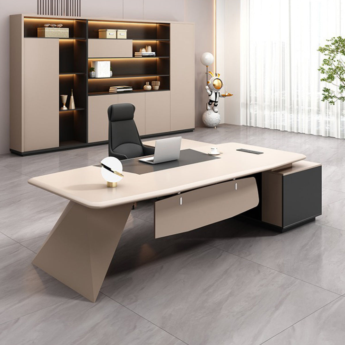 高級エグゼクティブオフィスデスクセット　オフィスデスク　大容量収納　配線整理　安全ロック　多機能セット　高剛性繊維板　焼付塗装仕上げ　暗証番号ロック　配線ボックス　厚肉円角天板　モダンスタイル　シンプル洗練　ベージュ 　カスタマイズ可能　SL-LBZ-001