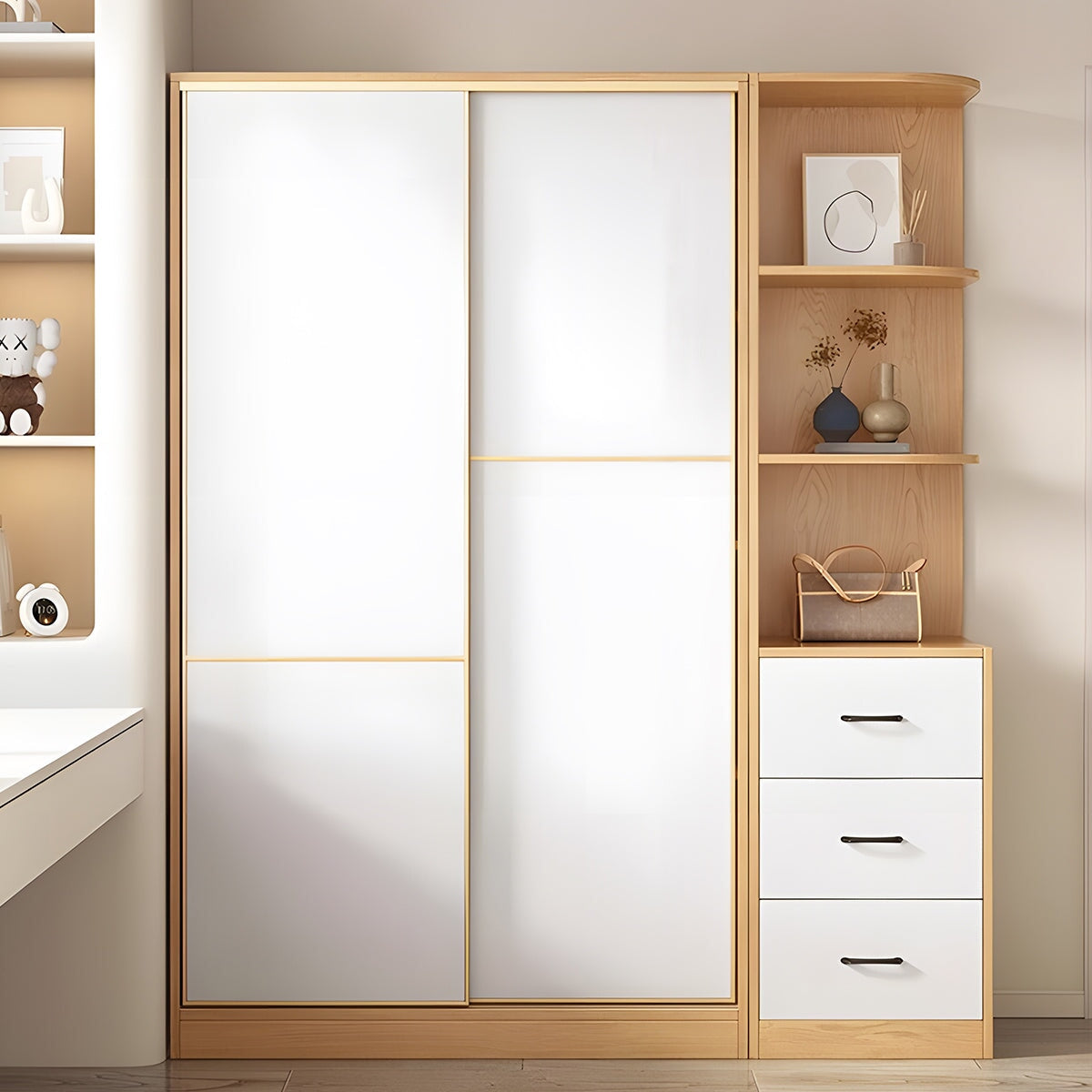 クローゼット　ワードローブ　服収納　壁面収納　大容量　多段式　分類収納　 ハンガーバー　コンパクト　メラミン化粧板　静音レール　引き違い戸　YG-M030 metamall