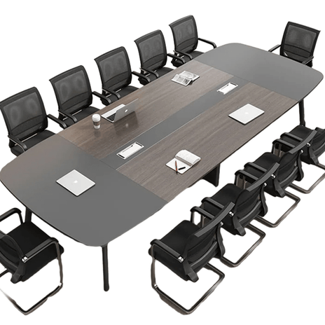 炭素鋼脚　八の字構造　安定性　開放感　Ｒ仕上げ　エコ板材　配線ボックス　テーブル　ミーティング　会議テーブル　木目調　バイカラー　落ち着き　ホワイト　カスタマイズ可能　HYZ-K-017