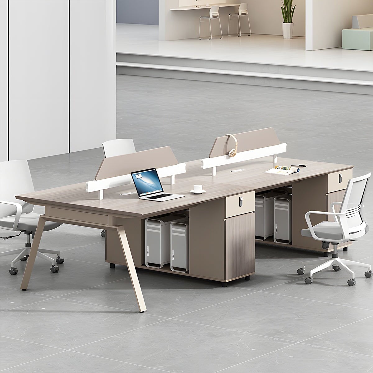 仕事 デスク　ナチュラルテイスト　スチールフレーム　メラミン化粧板　舟底エッジ　デスクトップパネル　ダイヤル錠　卓上コンセント　サイドキャビネット　オールシャビ―グレー　カスタマイズ可能　BGZ-M006