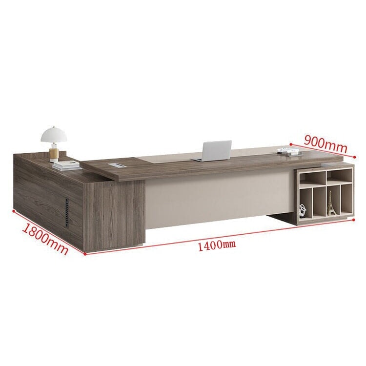 執務デスク　高級感　エグゼクティブデスク　プレジデントデスク　サイドキャビネット　メラミン化粧板　PVC素材エッジバンド　配線ボックス　PC用通気口　ブラウン　LBZ-M033