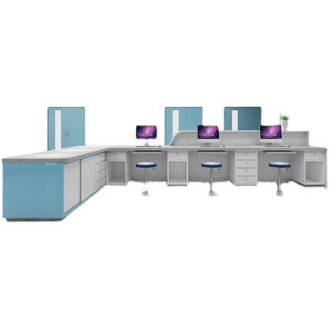 受付カウンター　クリニック受付台　L字型 診療所カウンター　ハイカウンター　収納スペース　R仕上げ　シンプル　ホワイト　ブルー　カスタマイズ可能　YLJDT-M-002