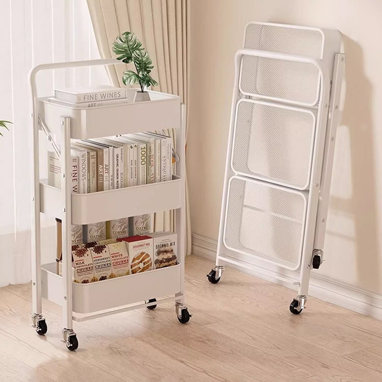 ワゴン　キャスター　収納家具　折りたたみ式　コンパクト　省スペース　ロック付き　シンプルデザイン　空間利用率向上　スチールフレーム　焼付塗装　ピンク　metamall