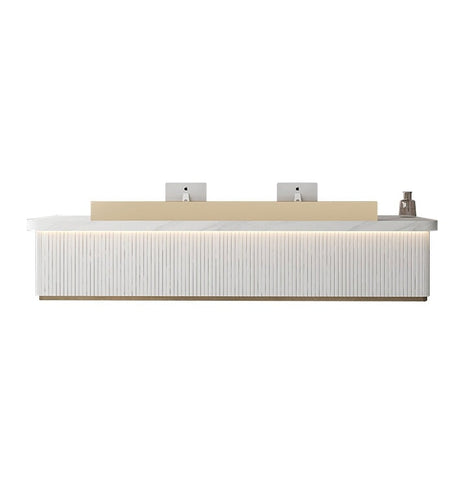 受付台 マーブル模様　受付台　レジ台　シンプルモダン　ルーバー風装飾　繊維板　分類収納　LEDテープライト　バイカラーデザイン　ホワイト　カスタマイズ可能　JDT-M034　metamall