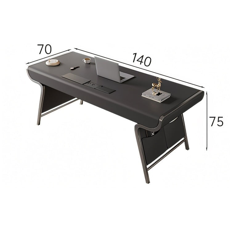 役員机　革張り　おしゃれ　エグゼクティブデスク　プレジデントデスク　天然木使用　オーク材　レザー張りの天板　ステンレス鋼の脚部　ハの字構造　サイドポケット　卓上コンセント　ブラック　LBZ-M031