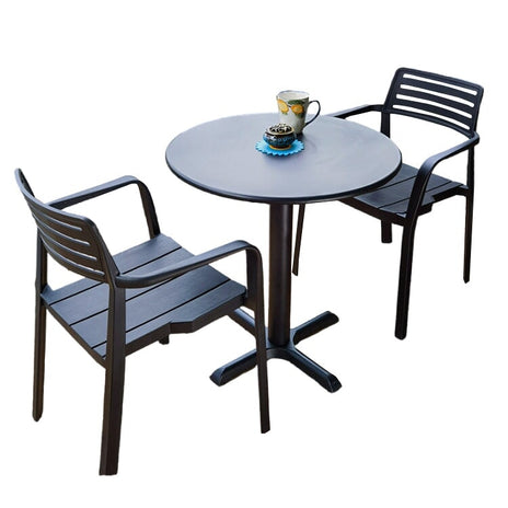 屋外家具　セット　テラステーブル・チェアセット　スチール製の天板　焼付塗装　PP樹脂　高耐候性　高耐荷重　長持ちしやすい　プラパート　耐衝撃性　スタッキング可能　ブラック　HWZY-M015