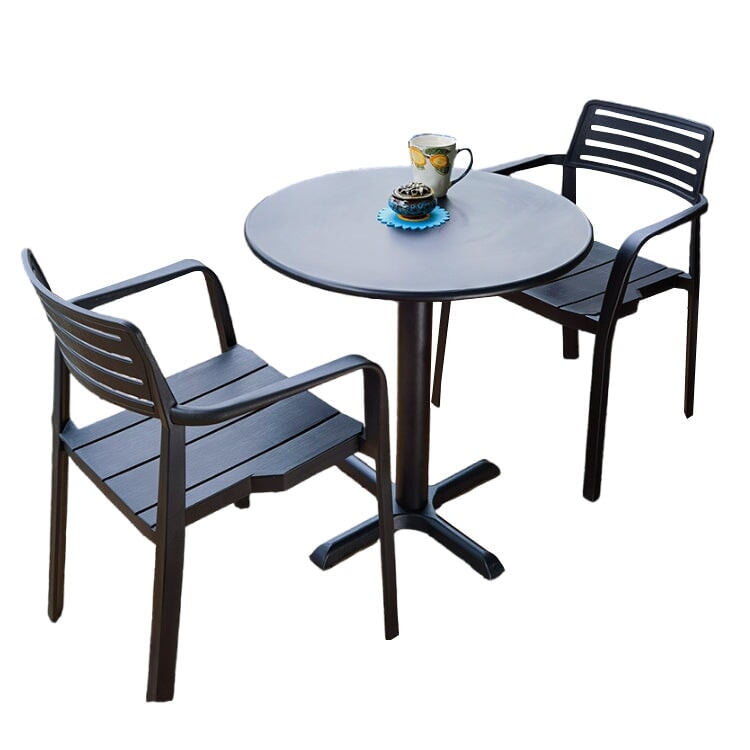 屋外家具　セット　テラステーブル・チェアセット　スチール製の天板　焼付塗装　PP樹脂　高耐候性　高耐荷重　長持ちしやすい　プラパート　耐衝撃性　スタッキング可能　ブラック　HWZY-M015