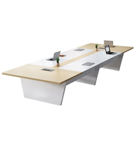 会議テーブル　研修用デスク　応接テーブル　木目調　配線孔付き　パネル脚　シンプル　ホワイト　カスタマイズ可能　metamall