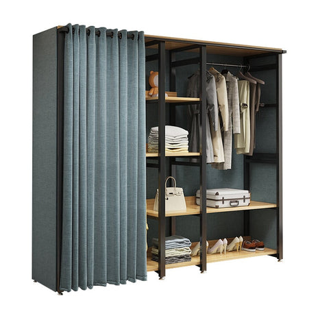 ハンガーラック　スチールフレーム　高耐荷重　カーテン付き　ホコリ防止　ト　分類収納　整理整頓　衣類収納　折り畳み式　省スペース　コットンリネン　ブルー　metamall