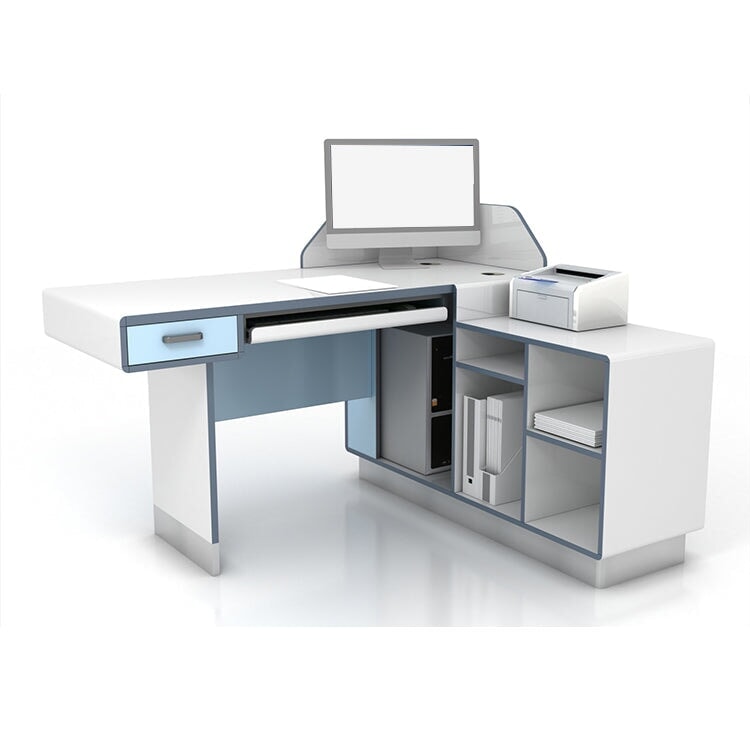 診察机　医療施設用什器　　抗菌加工　R仕上げ　幕板付き　サイドキャビネット　キーボードトレイ付き　配線孔付き　ホワイト　カスタマイズ可能　metamall