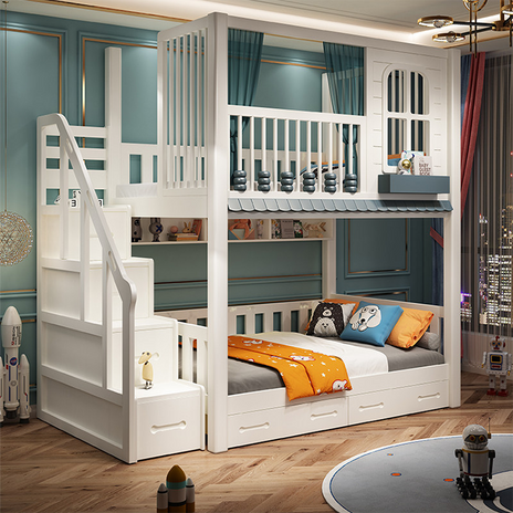 二段ベッド　子供用二段ベッド　寝具　強化された柱　落下防止ガード　はしご　引き出し付き　天然木　子ども用水性塗料　カスタマイズ可能　SCC-K024
