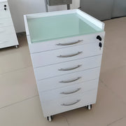 キャスター付きワゴン　医療用キャビネット　作業台　歯科医院　強化ガラス天板　ステンレス製　大容量　引出し付き　キャスター付きで　錠付き　シンプル　ホワイト　metamall
