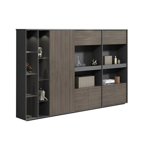 分類収納　メラミン化粧板　LEDライト　クローゼット　執務室用キャビネット　オフィスキャビネット　ハンガーパイプ　高級感　ウォールナット　カスタマイズ可能　CWG-M019