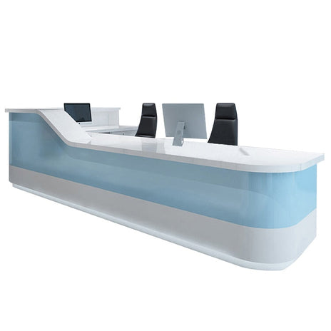 L字受付カウンター　受付台　クリニック受付　メラミン化粧板　長持ちしやすい　L字型天板　R加工　ブルー　カスタマイズ可能　YLJDT-M-008