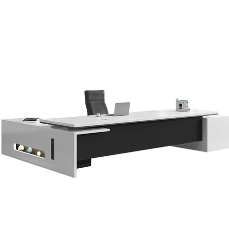 役員デスク　おしゃれ　エグゼクティブデスク　プレジデントデスク　シンプルモダン　サイドキャビネット　メラミン化粧板　PC用通気口　配線ボックス　分類収納　ホワイト　カスタマイズ可能　LBZ-M025　metamall