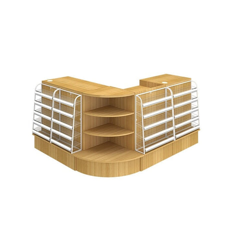 陳列棚付きカウンター　受付台　レジ台　商品陳列　店舗用　HDF　長持ち　空間利用率向上　L字型天板　引き出し　錠付き　シリンダー錠　ナチュラル　カスタマイズ可能　JDT-M078