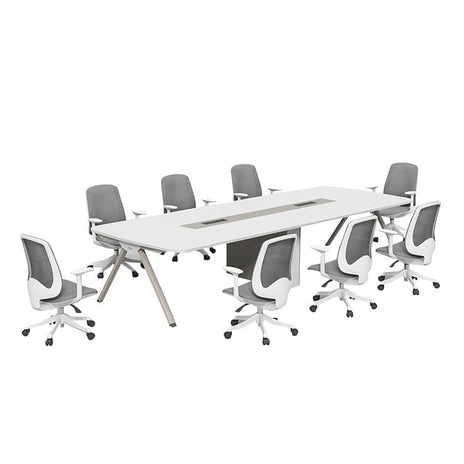 会議テーブル　ミーティングテーブル　R加工　メラミン化粧板　配線ダクト　USBポート付き　卓上コンセント　スチール脚　ハの字構造　ホワイト　カスタマイズ可能　HYZ-M024