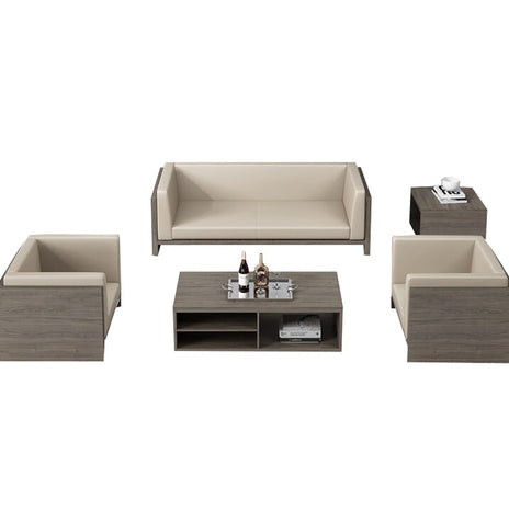 応接ソファ　オフィスソファ　天然木　クッション　PUレザー　合成レザー　おしゃれ　キューブ　立方体　シンプル　モダン　ベージュ　metamall