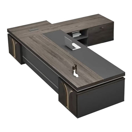 事務用　デスク　エグゼクティブデスク　プレジデントデスク　メラミン化粧板　サイドキャビネット　ダイヤル錠　シックな雰囲気　幕板付き　グレー　カスタマイズ可能　LBZ-M024