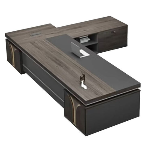 事務用　デスク　エグゼクティブデスク　プレジデントデスク　メラミン化粧板　サイドキャビネット　ダイヤル錠　シックな雰囲気　幕板付き　グレー　カスタマイズ可能　LBZ-M024