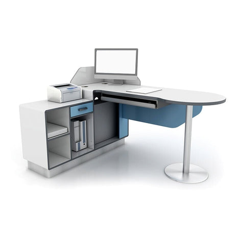 診察向けデスク　診察机　メディワークデスク　病院　R仕上げ　収納スペース配線孔付き　キーボードトレイ付き　分類収納　サイドキャビネット　ブルー　カスタマイズ可能　metamall