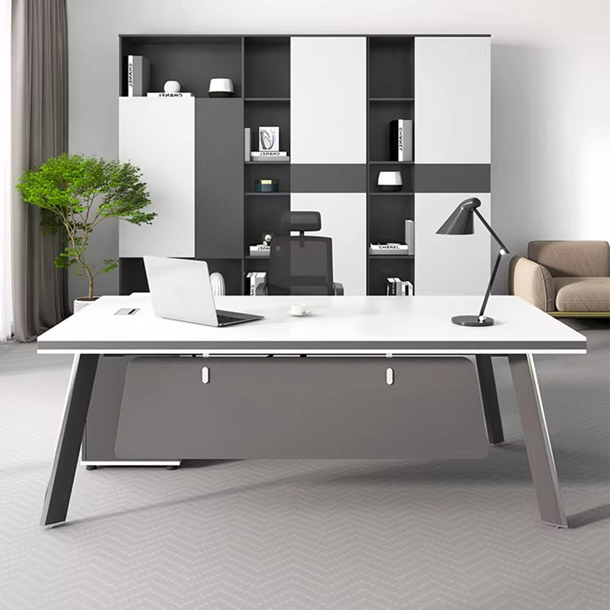 社長デスク　社長用　デスク　キャビネット　収納　スチール脚　配線孔付き　シンプル　ホワイト　カスタマイズ可能　LBZ-M104