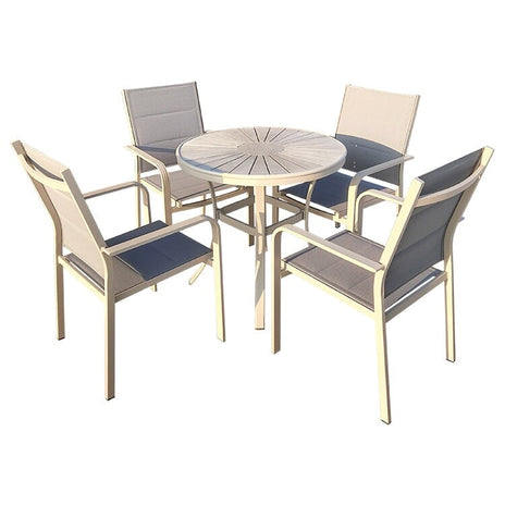 ガーデンファニチャー　ガーデンテーブル・チェアセット　アルミニウムフレーム　高耐候性　ガーデンパラソル取付可能　ポリエステル生地　ベージュ　HWZY-M014