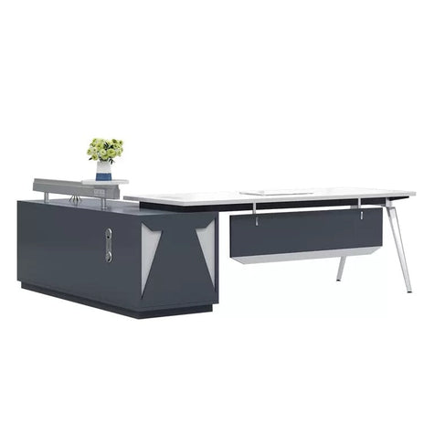 執務デスク　シンプル　エグゼクティブデスク　プレジデントデスク　シンプルデザイン　幕板付き　サイドキャビネット　メラミン化粧板　ダイヤル錠　スチール脚　プッシュオープン扉　グレー　カスタマイズ可能　LBZ-M023