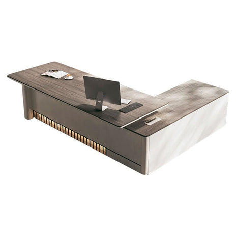 パソコンデスク　事務机　エグゼクティブデスク　プレジデントデスク　役員室用　引き出し付き　Ⅼ字タイプ　エコ素材　収納　Ｒ加工　ローズグレー　カスタマイズ可能　LBZ-M041