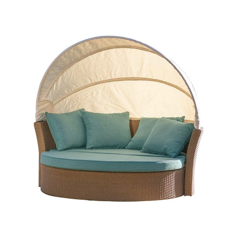 藤編みソファ　ガーデン家具　ガーデンチェア　ガーデンソファ　ルーフ付き　ポリエステル生地　高密度ウレタンフォーム　PE籐編み　アルミ合金フレーム　シリコンフィル　ブルー　カスタマイズ可能　HWYZ-M015