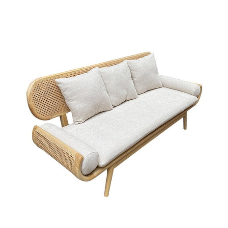 和風リビングチェア　ナチュラルテイスト　リネン生地　高密度ウレタンフォーム　籐編み　ワニス塗装　おしゃれ　ナチュラル　カスタマイズ可能　BSF-M047