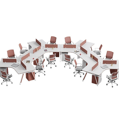 オフィスデスク 変形タイプ　デザイナーズ　Vの字型天板　配線孔　サイドワゴン　ダイヤル錠　メラミン化粧板　レッド　カスタマイズ可能　BGZ-M046　metamall