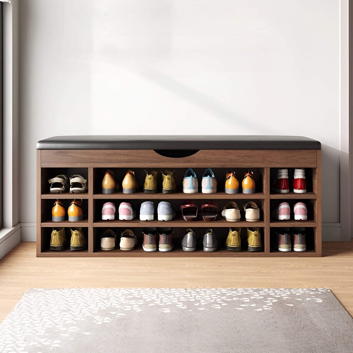 ロータイプ　クッション付き　高反発ウレタン　柔らか　多段式　分類収納　可動棚板　下駄箱　シューズボックス　玄関収納　利便性　実用　ホワイト　ブラック　CWG-K073　kaguyasu