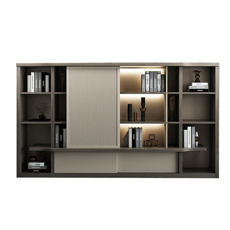 役員用キャビネット　高級感　オフィスキャビネット　ファイリングキャビネット　木製書庫　書類整理棚　メラミン化粧板　ルーバー風引き戸　分類収納　重厚感　ハイグレード感　ブラウン　CWG-M005