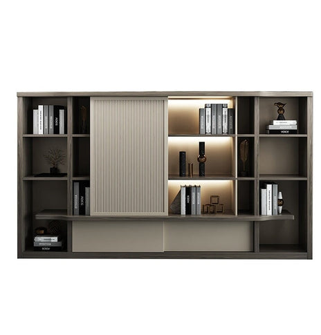 役員用キャビネット　高級感　オフィスキャビネット　ファイリングキャビネット　木製書庫　書類整理棚　メラミン化粧板　ルーバー風引き戸　分類収納　重厚感　ハイグレード感　ブラウン　CWG-M005