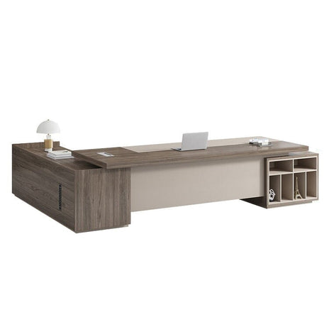 執務デスク　高級感　エグゼクティブデスク　プレジデントデスク　サイドキャビネット　メラミン化粧板　PVC素材エッジバンド　配線ボックス　PC用通気口　ブラウン　LBZ-M033