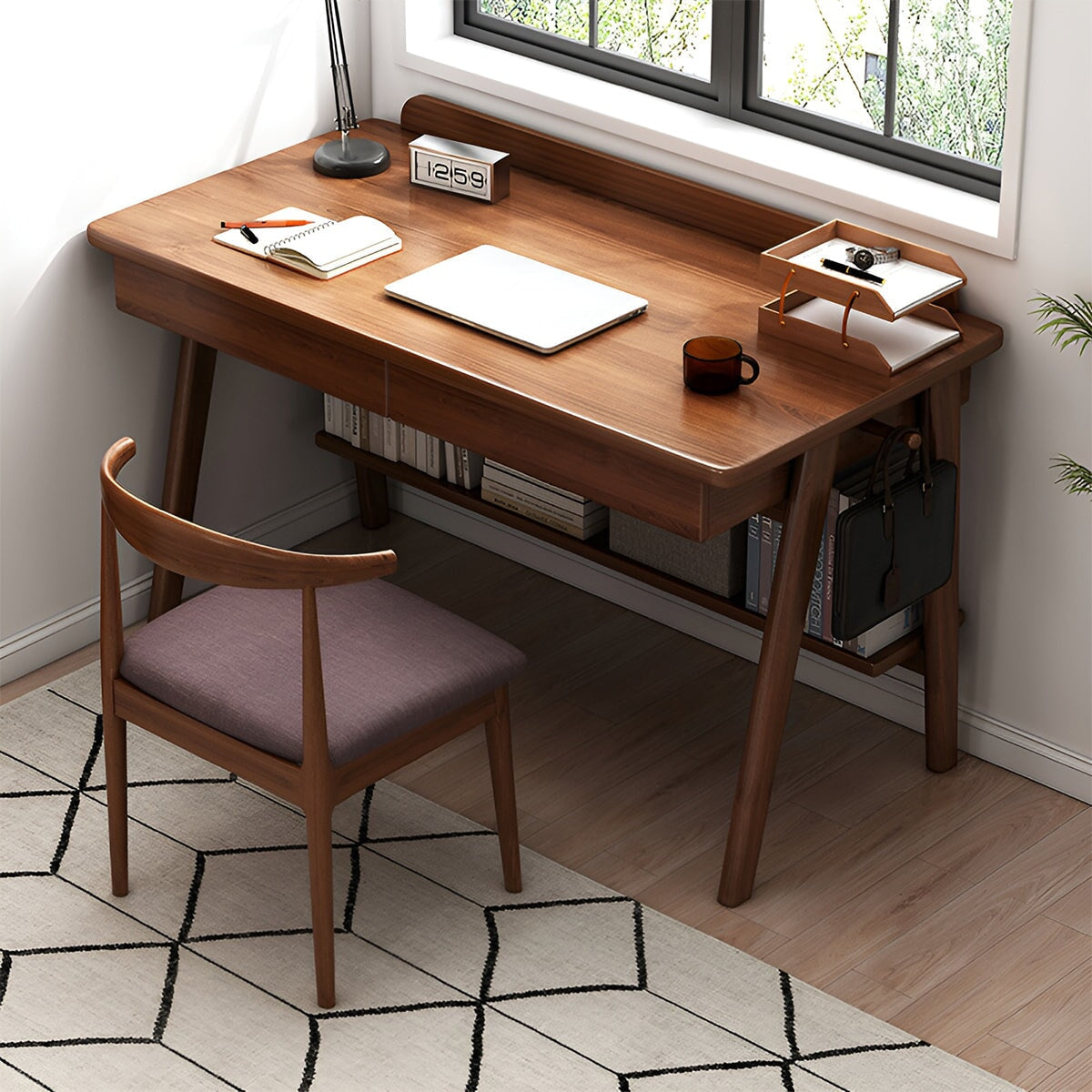PCデスク　学習机　事務用デスク　デスク　ハの字脚　引出付き　角丸　収納棚付き　ウォールナット　ナチュラル　シンプル　BGZ-181 - kaguyasu