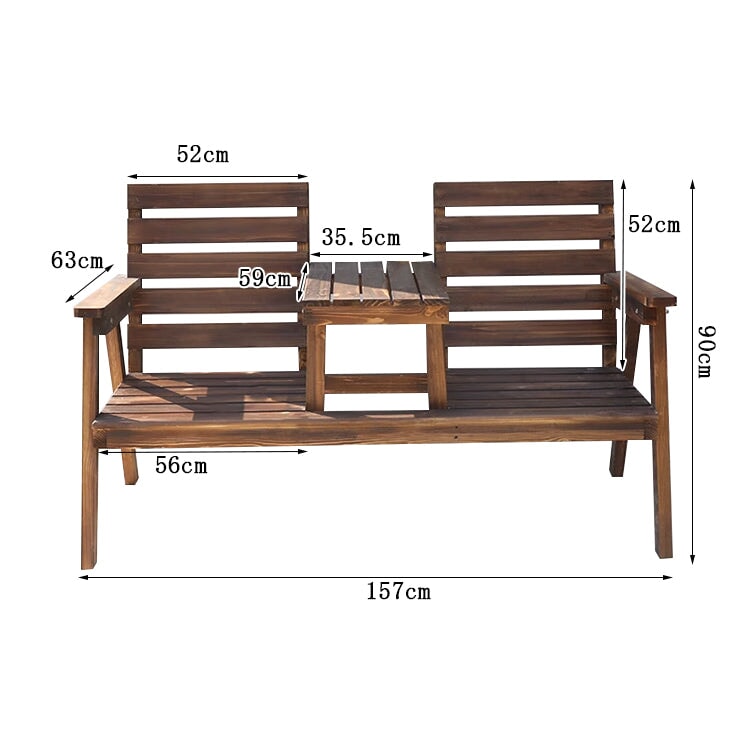 屋外家具　ガーデンベンチ　中間テーブル付き　ワニス塗装　高耐候性　高耐荷重　天然木使用　三角構造　高安定性　パラソルホール　ナチュラル　metamall