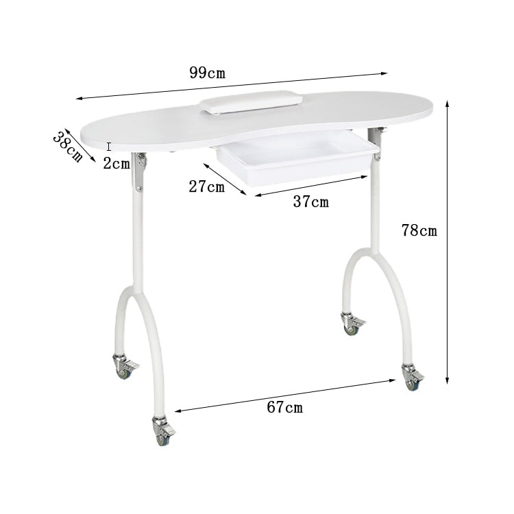 ネイルデスク　折りたたみデスク　キャスター付き　スチールフレーム　アームレスト　メラミン化粧板　パウダーコーティング　収納トレイ　ホワイト　カスタマイズ可能　metamall