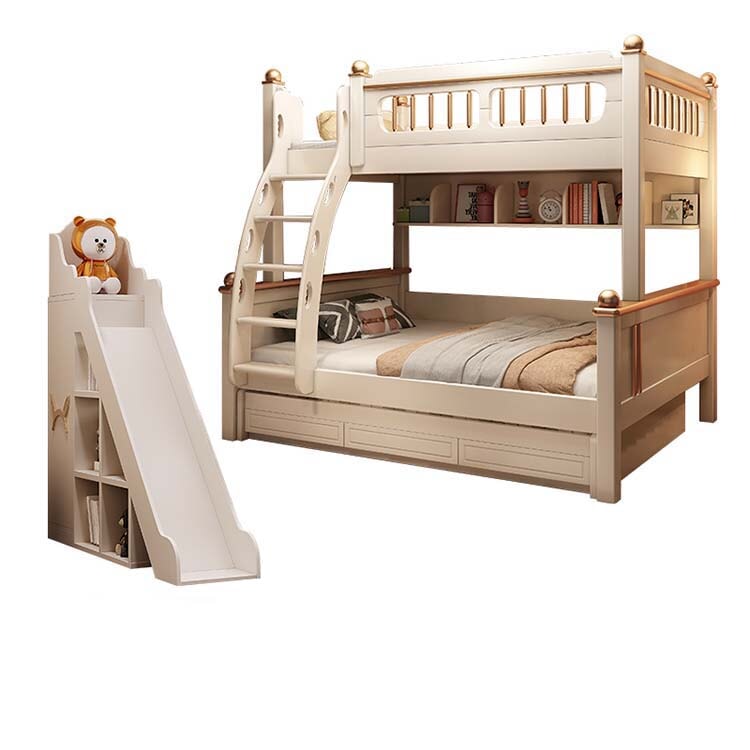 ベッド　子供用ベッド　二段ベッド　落下防止柵付き　角丸　滑り防止のはしご　手掛け付き　本棚付き　階段付き　滑り台　引出し付き　おしゃれ　ホワイト　BED-098 - kaguyasu